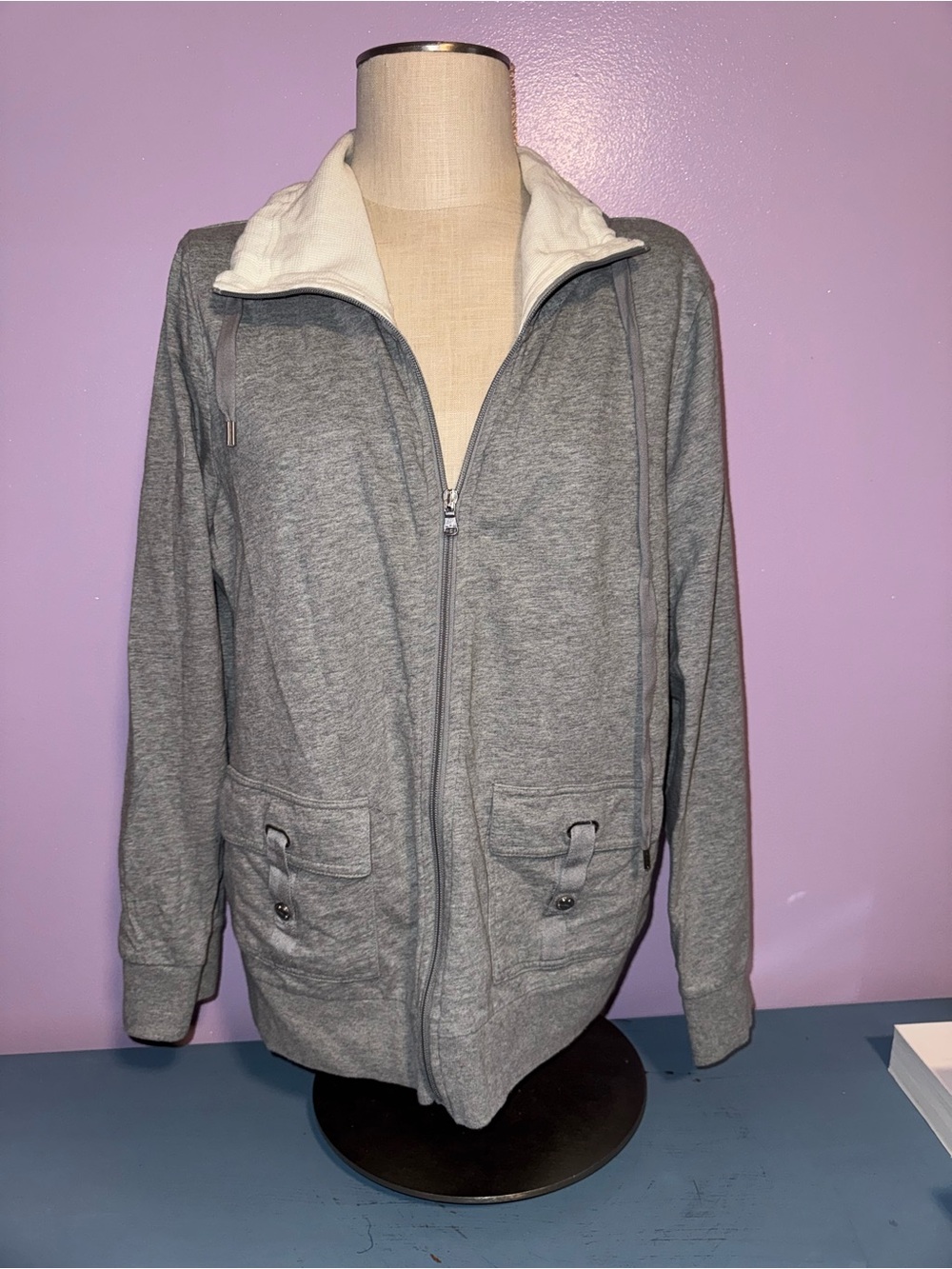 Lauren Ralph Lauren Gray Zip-Up Trench-Style Jacket with Cream Collar